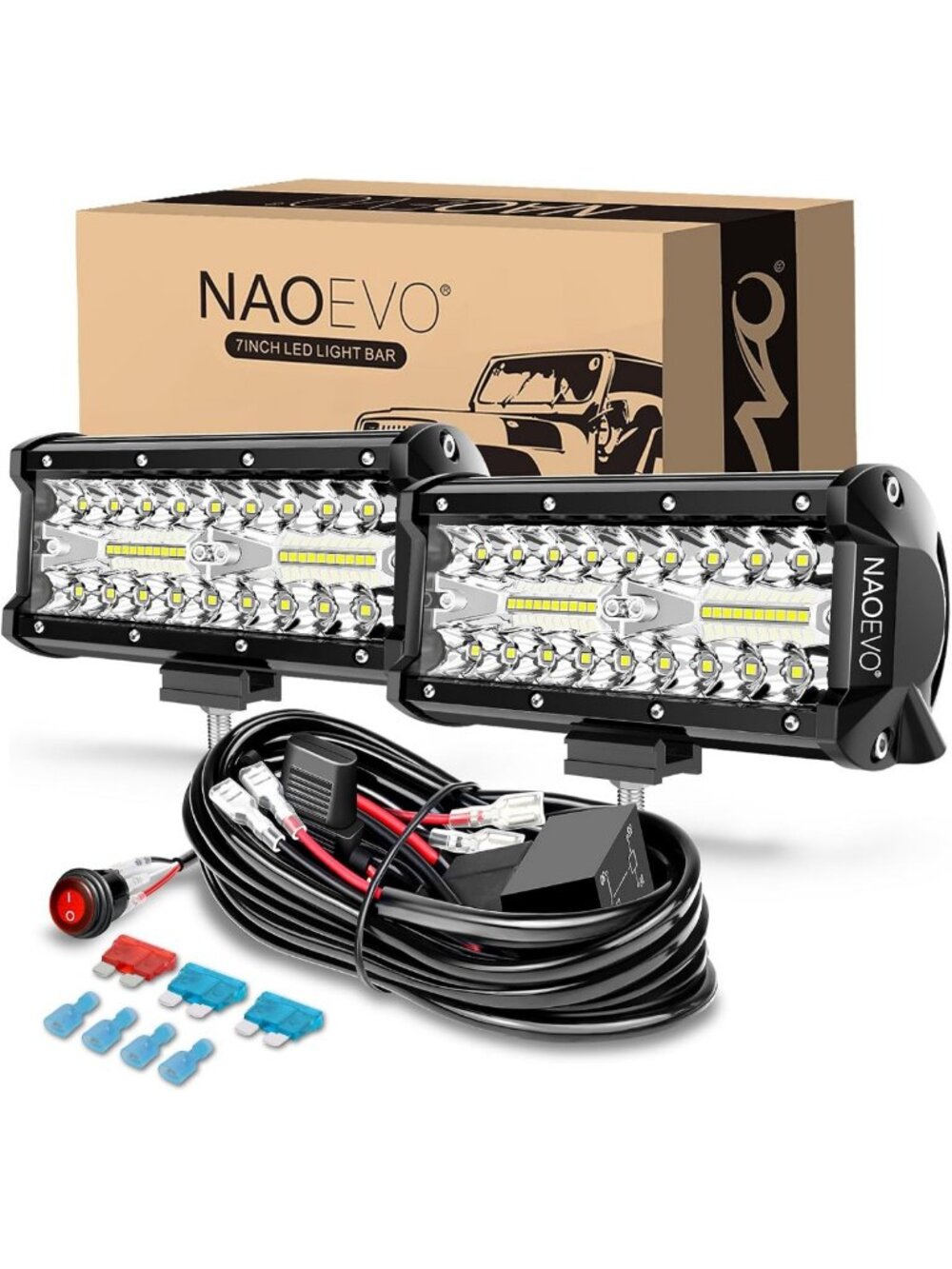 7" LED Light Bar for Off-Road & Fog, Bright White Lights with 2-Lead Harness